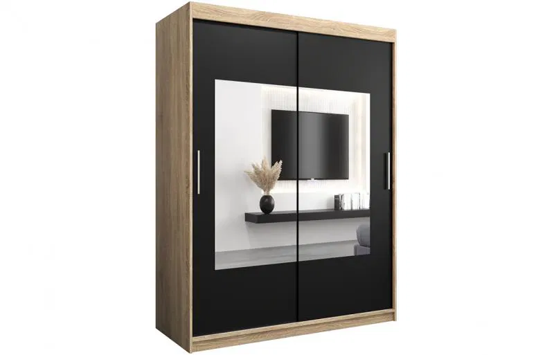 Šatní skřín s posuvnými dveřmi a zrcadlem TORINO 150cm sonoma / černá